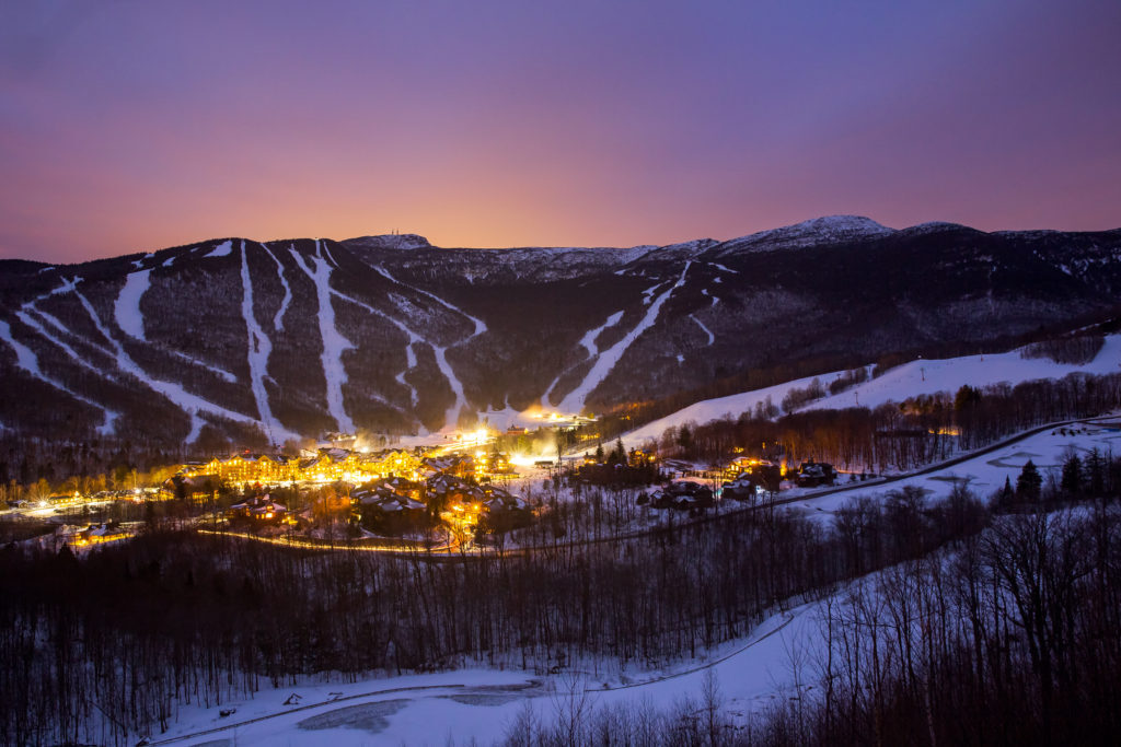 The town of Stowe, VT at night.