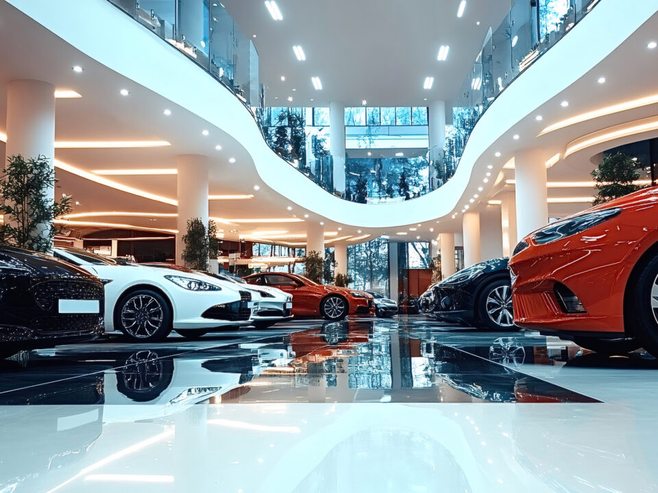new cars sitting in modern dealership showroom